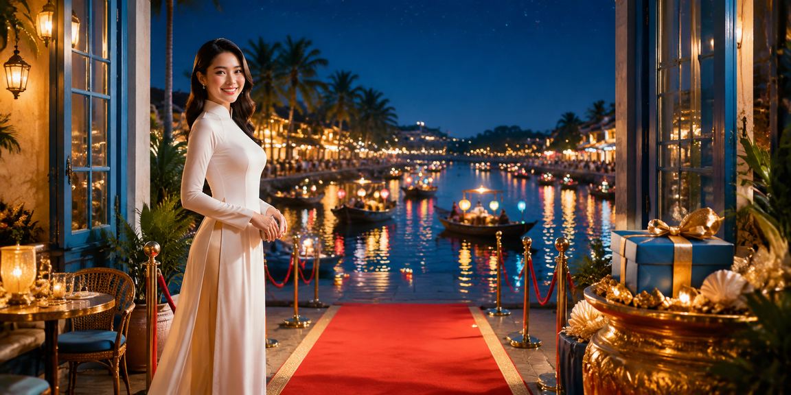 Người dùng Hội An trong trang phục áo dài truyền thống thực hiện giao dịch casino và đặt cược trên điện thoại